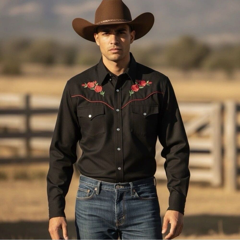 Ely Cattleman Black Western Shirt with Red Rose Embroidery